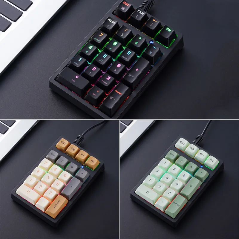 Petit clavier mécanique numérique d'ordinateur avec touches de raccourci d'axe vert PBT/ABS Keycap RGB Light Filaire Mini clavier externe pour ordinateur portable tablette