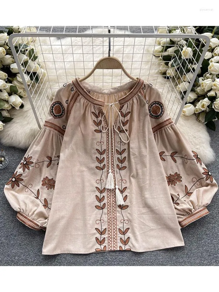 Women's Blouses Women Spring Blouse Korean Version Embroidered Ethnic Style Tassel Loose Tie Round Neck Bubble Sleeve Top D3522