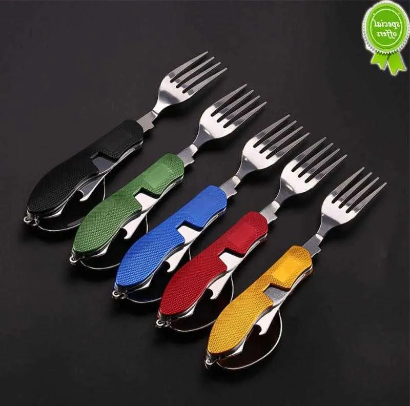 4 In 1 Outdoor Tableware Stainless Steel Multifunctional Foldable Fork Spoon Knife Picnic Camping Hiking Travelling Dinnerware