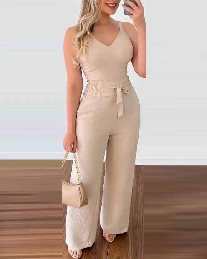 Passar Two Piece Set Women Outifits 2023 Spring Fashion Shirred Vneck Sleeveless Cami Top Casual High Midist Pocket Design Pants Set