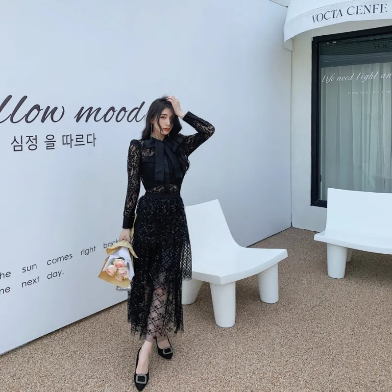 Elegant Black Lace Dress Set Long Sleeve Shirt Top, Mesh Sequin Layered  Half Dress Perfect for Parties Special Occasions