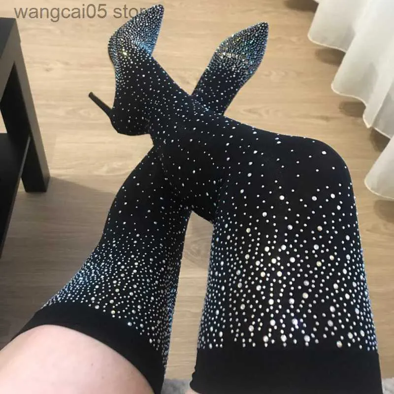 Stövlar 2023 Fashion Women Over The Kne High Lår Sock Boots 11,5 cm High Heels Crystal Diamond Stripper Long Thill Pleaser Boots Shoes T230713