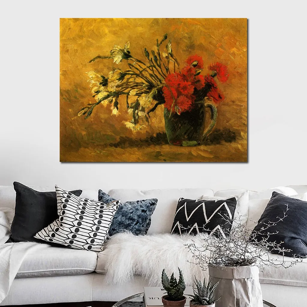 Handmade Vincent Van Gogh Safflower Oil Painting Vase With Red And White Carnations Modern