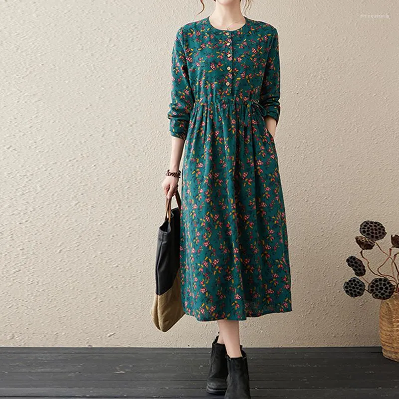 Casual Dresses Round Neck Floral Women's Spring And Autumn Fashion Waist Drawstring Models Knee-length Sleeve Bottoming