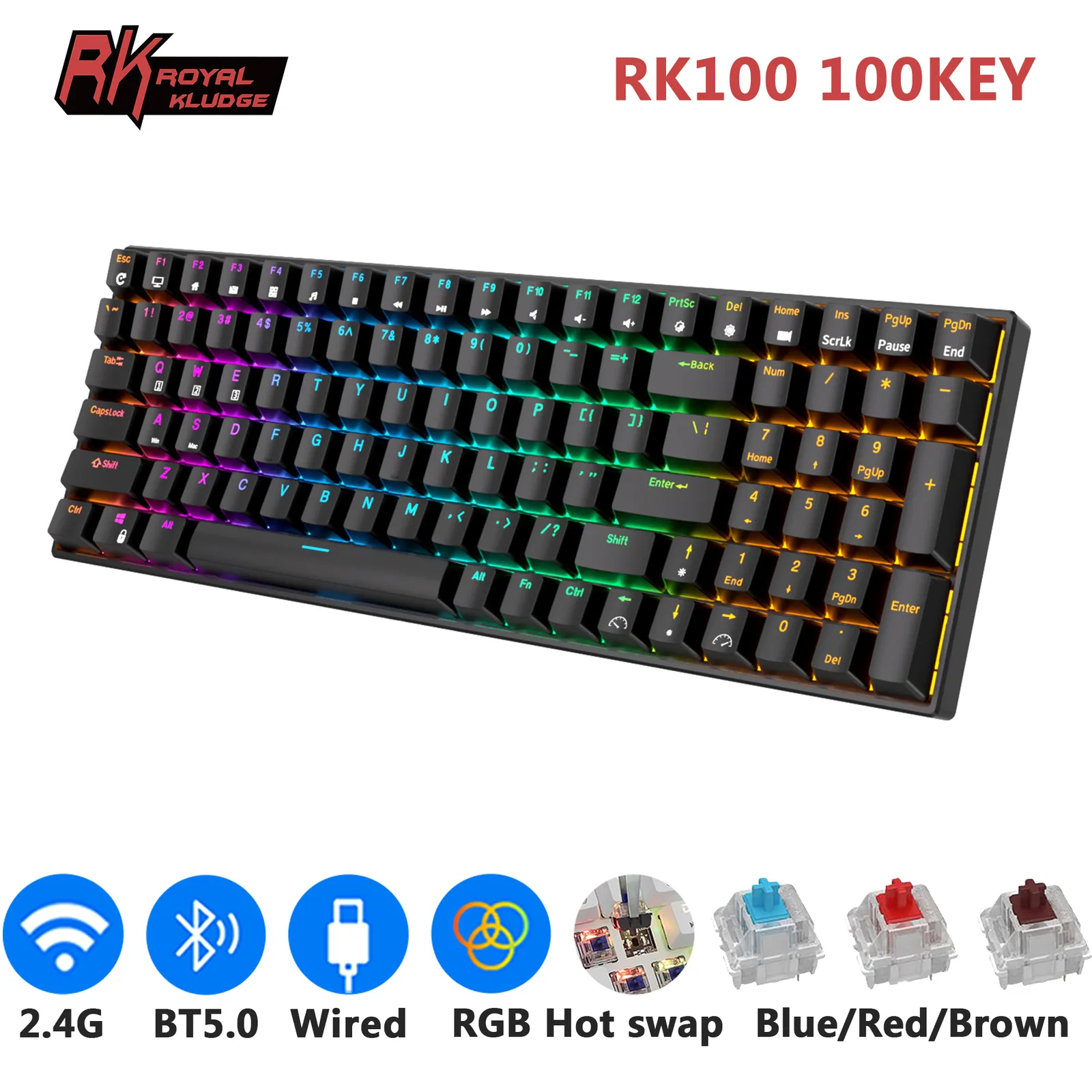 Tastaturen RK ROYAL KLUDGE RK100 2 4G Wireless Bluetooth Wired RGB Mechanische Tastatur 100 Tasten austauschbar Russisch Gaming Gamer 230712