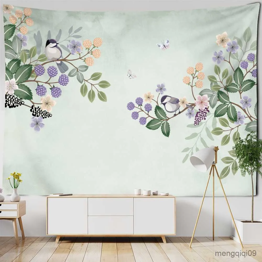 Arazzi Semplice pittura di fiori e uccelli Arazzo appeso a parete Stile bohémien Arte botanica Ins Estetica Camera Decorazioni per la casa R230713