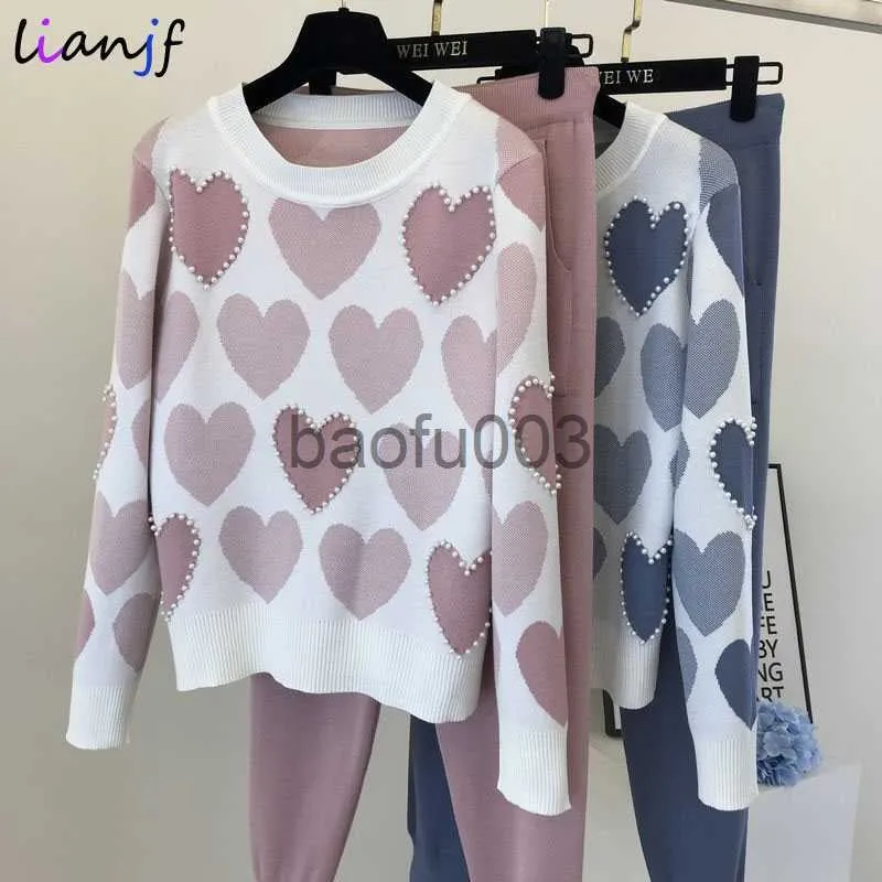 Womens Two Piece Pants Dome Cameras Fashion Women Sweater 2 Piece Sets Chic Knit Embroidery Bead Heartshape Pullovers Top Spring Harem Pants Sport Tracks J230713