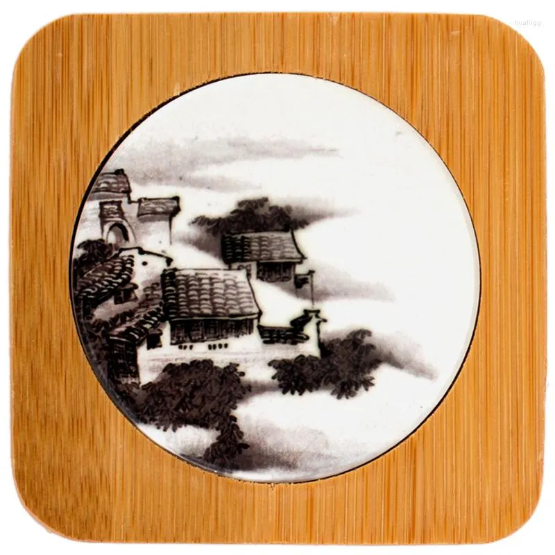 Maty stołowe Jiangnan atrament drewno bambusowe inkrustowane ceramiczna mata na filiżankę klasyczny styl chiński rzemiosło podstawa kwadratowa ceremonia herbaty naczynia