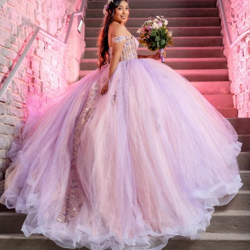 Licht Roze Korset Prinses Kant Applicaties Kralen Uit De Schouder Tull Quinceanera Jurken Voor Meisjes Baljurk Sweet 16 Jurken