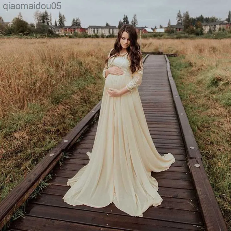 Spring Maternity Photography Maternity Photoshoot Dress With Lace Splice  And Long Sleeves Solid Color Trailer For Pregnant Women L230712 From  Qiaomaidou05, $19.5