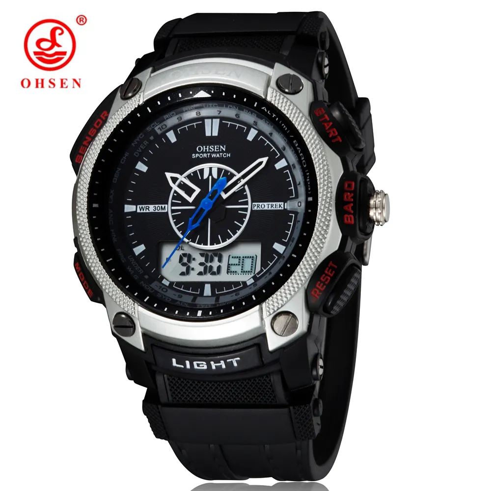 Ohsen Digital Quartz Mens Fashion Wristwatches Male Rubber Band Silver LCD Waterproof Sport Cool Gift Watches Relogio Masculino