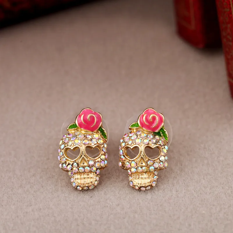 Rose Skull Stud Earring Vrouwen Flower Crystal Skeleton Oorbellen Halloween Sieraden voor Gift Party