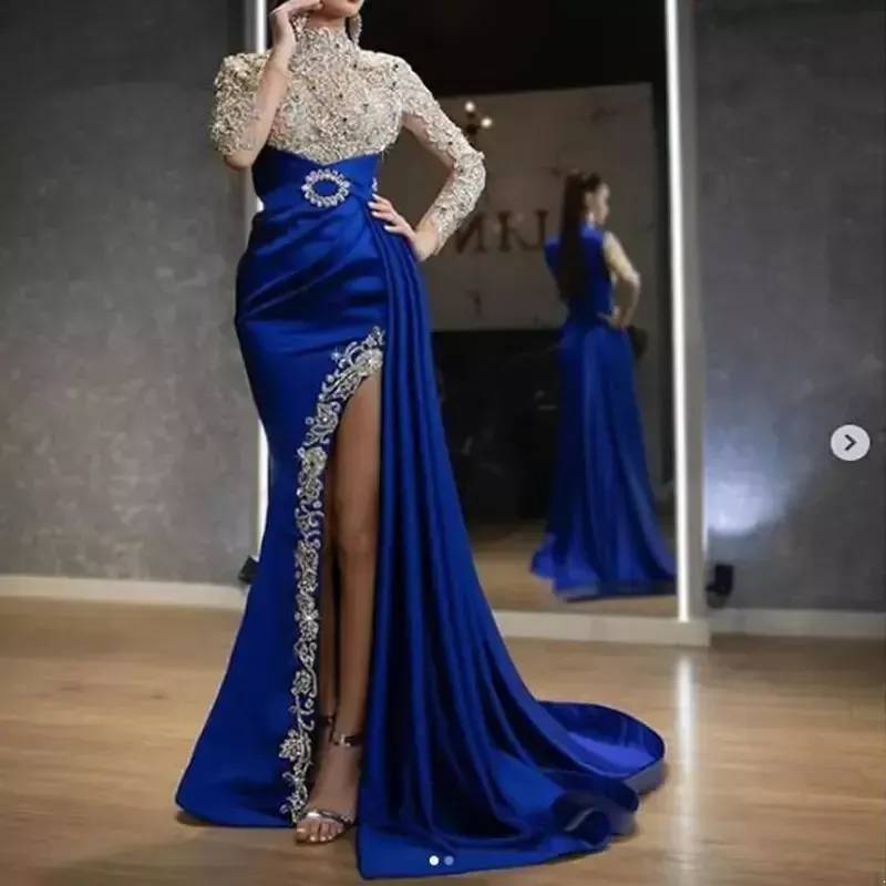 Luxury Royal Blue Prom Dresses Mermaid Crystal Sequins High Neck Long Sleeves Side Split Evening Gowns Dress Custom Made robe de