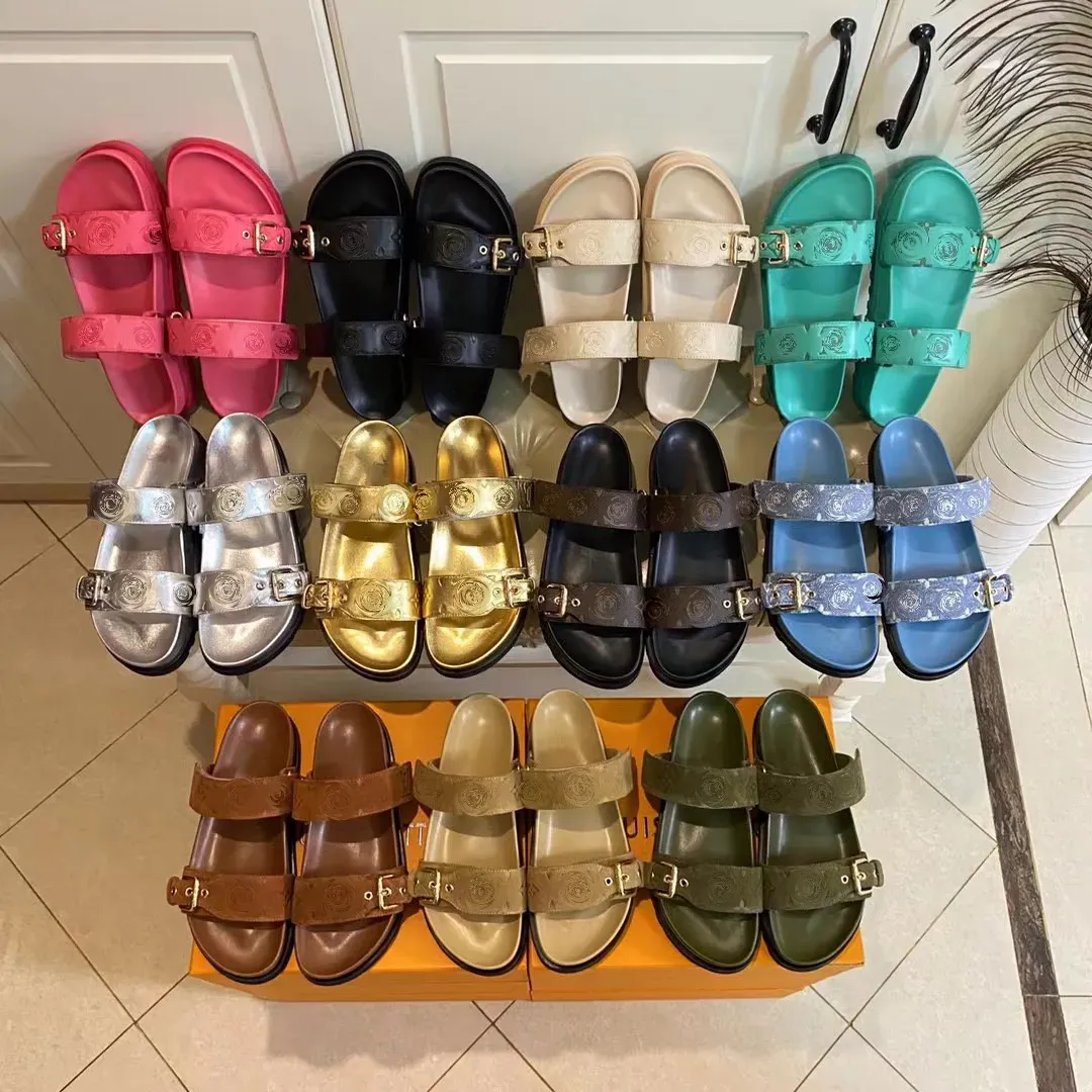 Bom dia Women Slippers Summer Beach Slies Slidsly Slides 2 Straps مع أحذية Bucklesflat Gold Moled