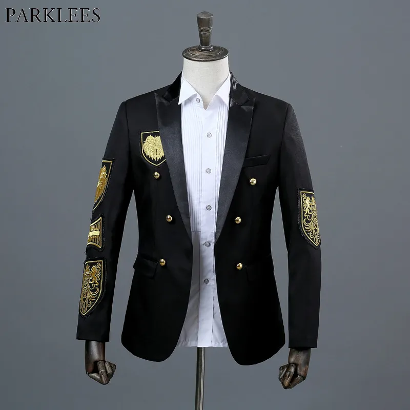 Abiti da uomo Blazer Medaglia d'oro Ricamo Blazer da uomo nero Blazer da uomo doppio petto Blazer militare Stage Prom Show Cantante Costume Homme Xxl 230712