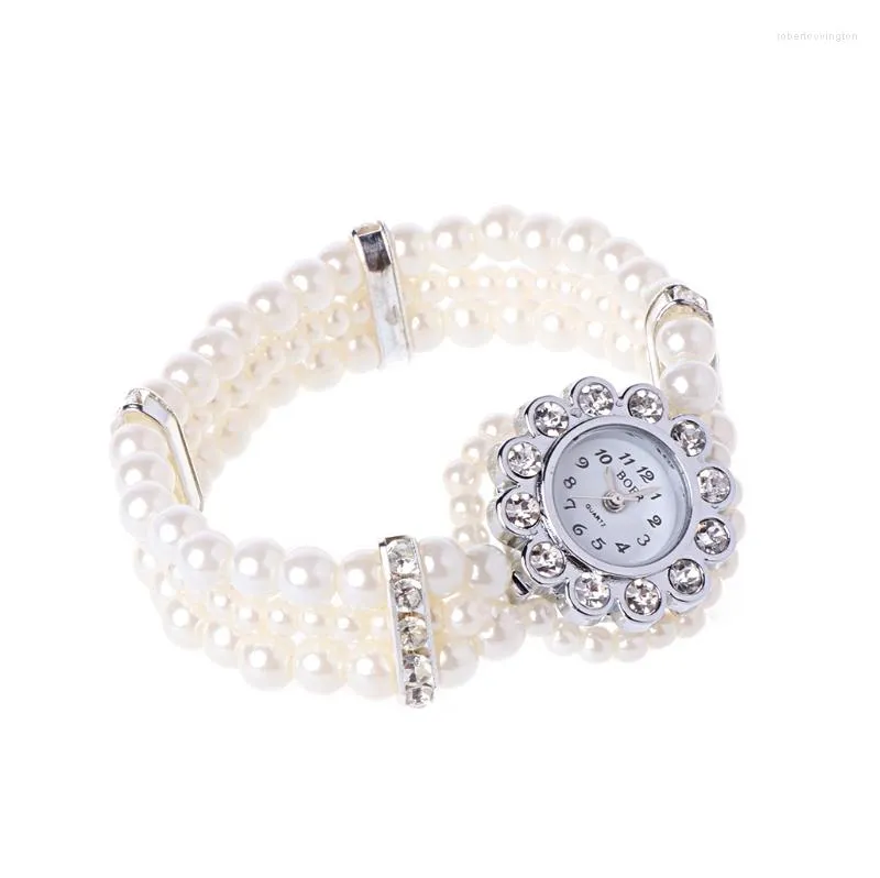 Montres-bracelets L5YC Montre-bracelet enveloppante avec bracelet en perles blanches pour femmes Style de perles accentuées de cristal