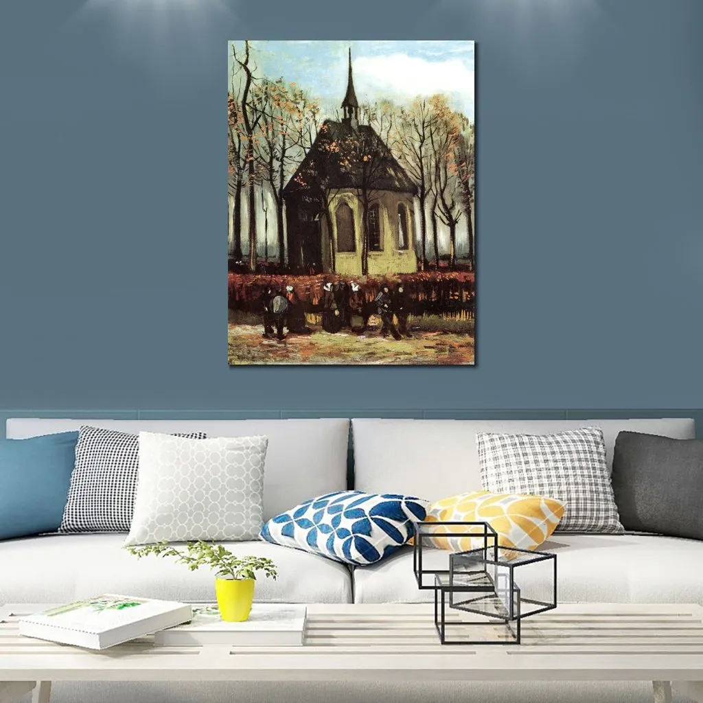 Congregation Leaving The Reformed Church in Nuenen Hand Painted Vincent Van Gogh Canvas Art Painting for Modern Home Decor