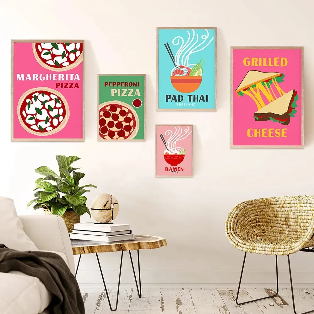 Ljus rolig mat canvas målning pizza tacos ramen pasta tecknad stil mat affischer och tryck väggkonst maximalistisk trendiga rum retro pop dekor bilder 06