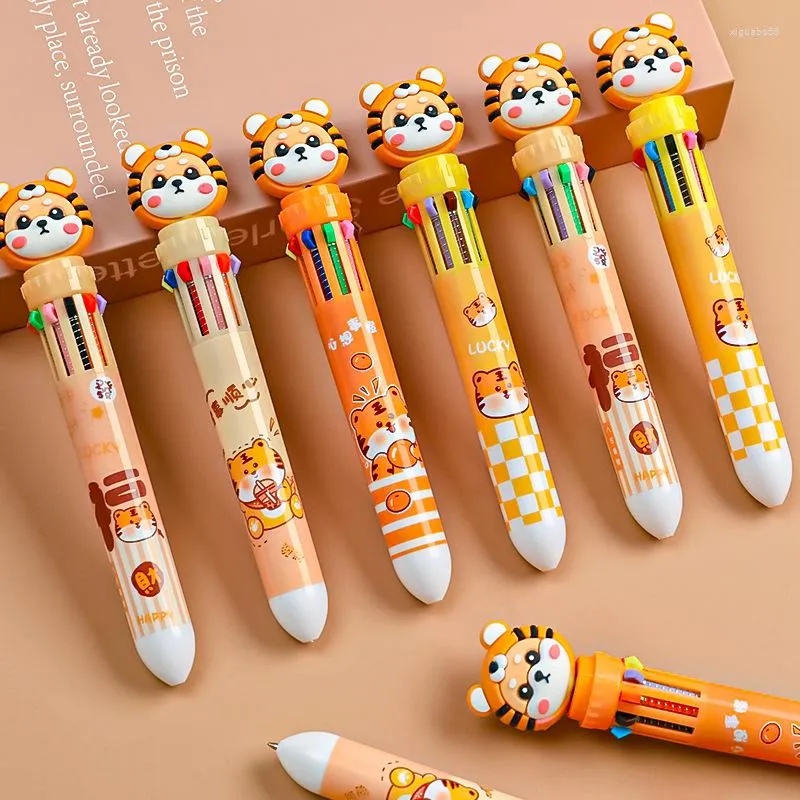 10Pcs/Lot Cute Tiger 10 Colors Ballpoint Pen Multi-color Press Sign School Office Supplies Ball Point Pens Stationery