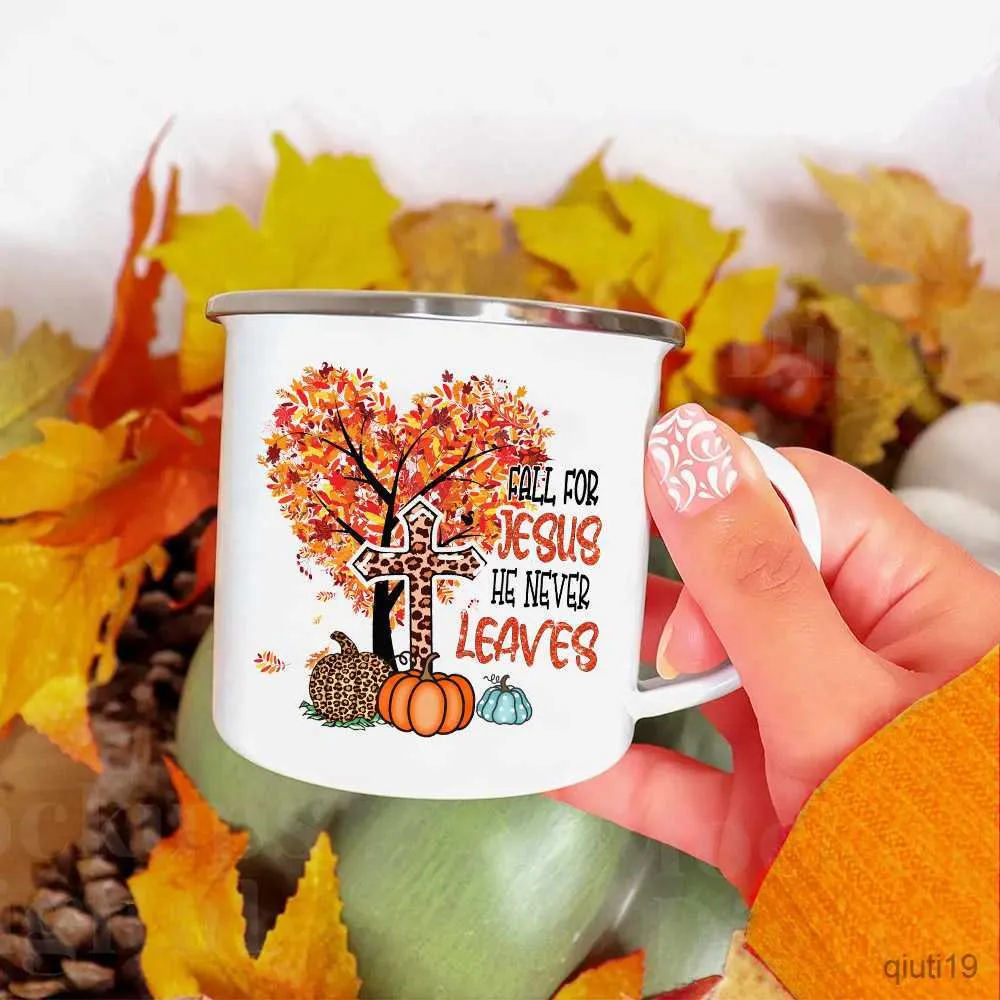 Mokken vallen voor Jezus hij verlaat nooit print emaille mokken koffie kopjes herfst Thanksgiving feest sap mok dessert cacao handvat beker geschenken R230713