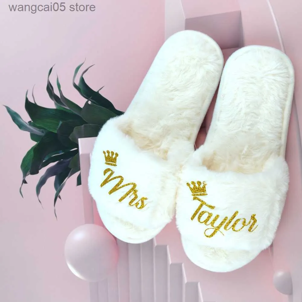 Talltor Anpassade bröllop Bridal Broom Cotton Fluffy Bedroom Soft Slippers Personaliserade brudtärna Öppna Toe Slippare inomhusfestskor T230713