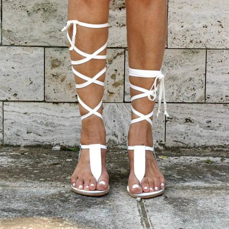 Богемия в стиле летние квартиры сандалии Гладиатор крест -ремешок сексуальные коленные высокие сапоги сапоги.