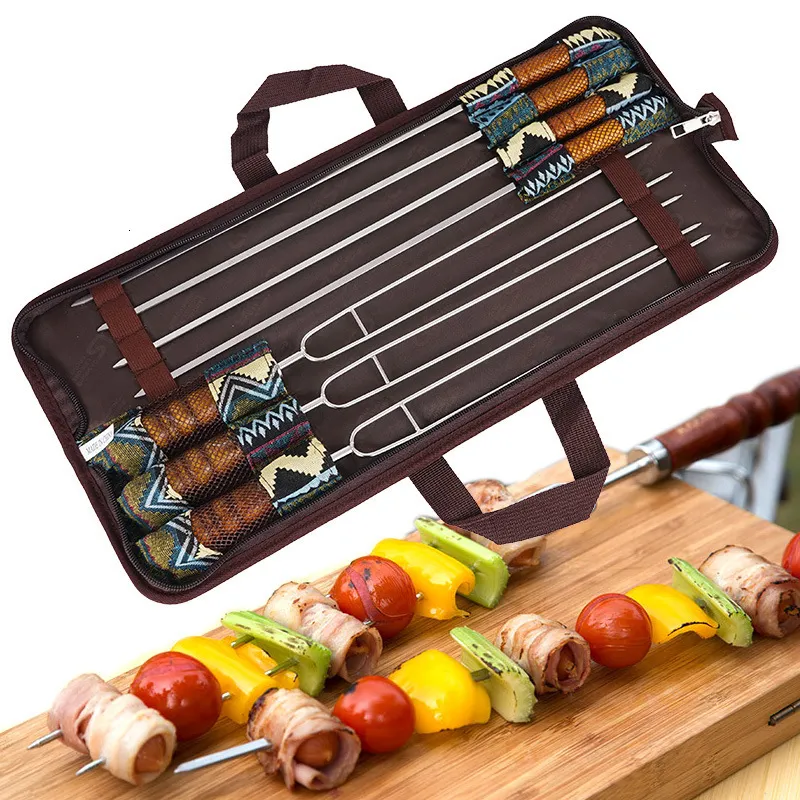 Grillverktyg Tillbehör Utomhusgrillspett 7-delat set Rostfritt stål Grillpinnar med trähandtag BBQ Grillspett med förvaringsväska Camp Picnic Tool 230712