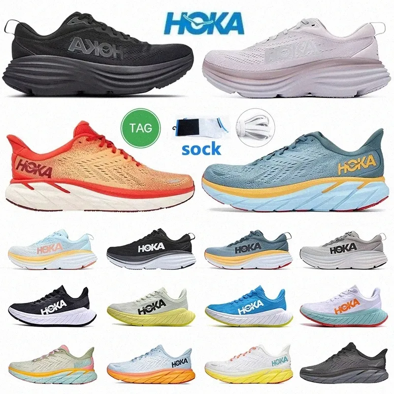 2023 Hoka Bondi 8 9 Running One Shoes One Clifton Designer Hokas Carbon x 2 Black White Sports تمتص العنبر الخفيف للرياضة Rock Women Mens Samber