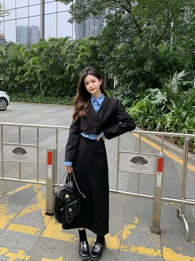 İş elbiseleri Kore tarzı 2 İki Parça Set Kadın Kıyafetleri Bahar Çurucu Dikiş Takım Ceket Ceket Yüksek Bel Etek Blazer Eşleştirme Setleri