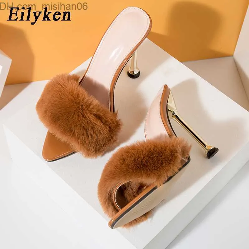 Pantofole Eilyken New Summer Fluffy Fur Dot Toe Pantofole da donna Fashion design Slim Tacchi alti Mule Shoes Pantofole Sandali da donna Z230713