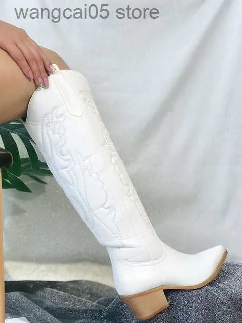 Boots Cowboy Cowgirls Western Boots Autumn Winter White Knee High Boots Women Big Size 41 Comfy Walking Stacked Heeled Vintage Shoes T230713