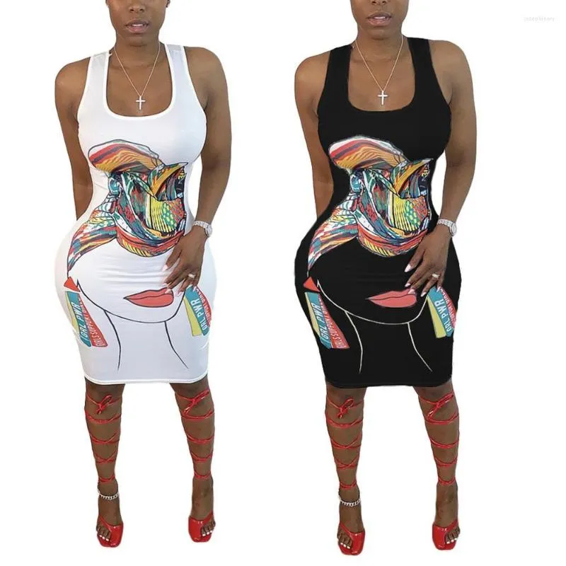 Casual Dresses Adogirl Cartoon Print ärmlös tankklänning kvinnor bodycon midi 2023 Summer Bandage Lady Pencil Vestido