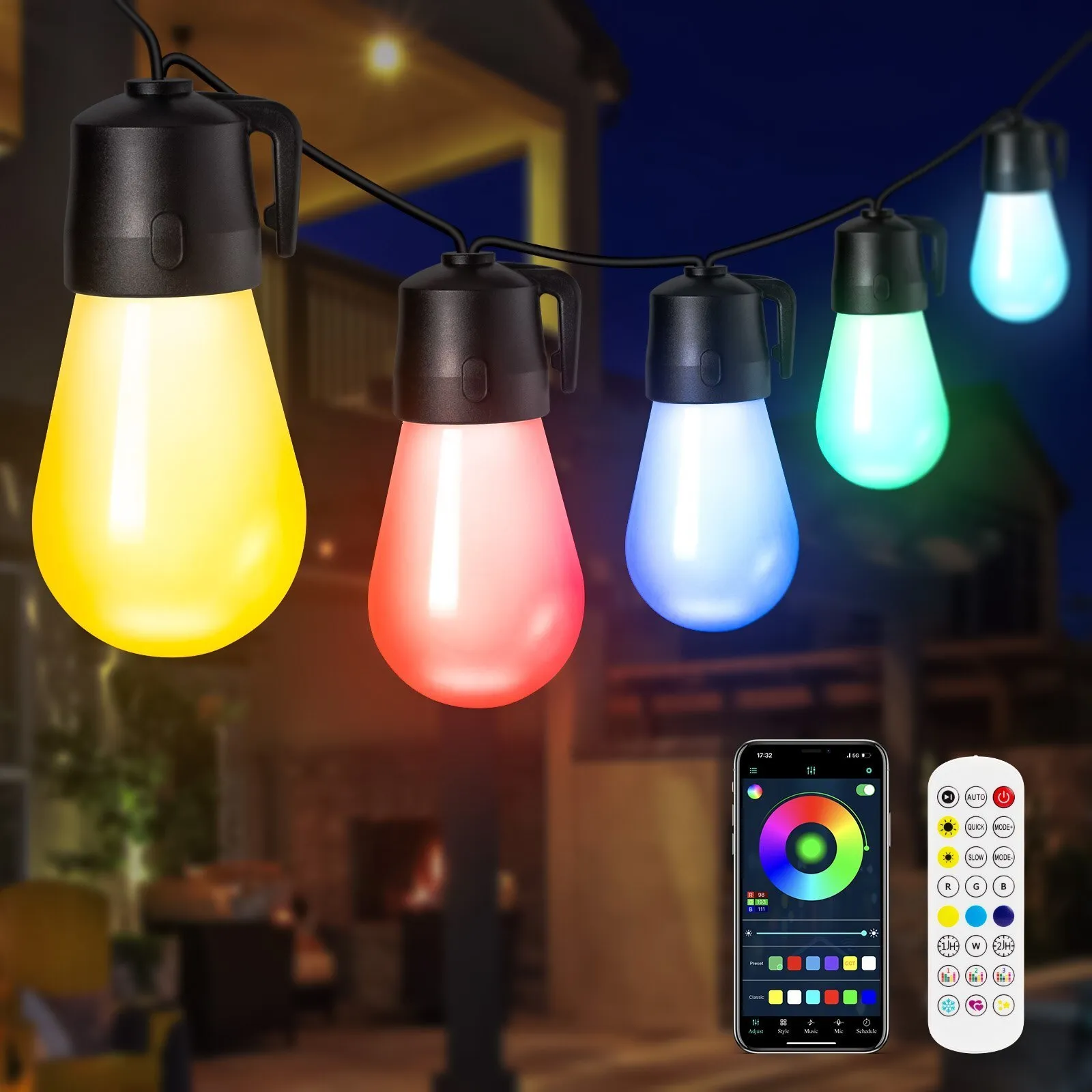 Trädgårdsdekorationer 49FT 15 Glödlampor Smart LED String Lights App Kontroll RGBW Fairy Light S14 Utomhus Julgirland Festong Lampa Trädgårdsfest Dekor 230712