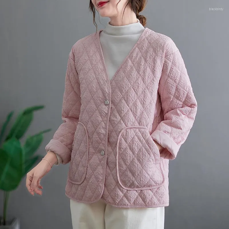 Trenchs pour femmes Veste en coton à pince à col en V Veste femme automne / hiver empilée dans une veste en coton matelassée. Manteau basique rose