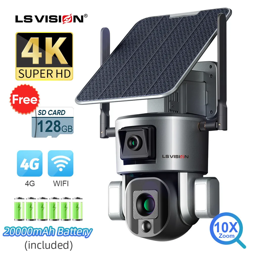 IP -камеры LS Vision 4K 4G Беспроводная солнечная камера 8MP Wi -Fi Dual Lens 4x 10x оптическое масштаб с панелью Humanoid Husting Ptz Security Cam 230712