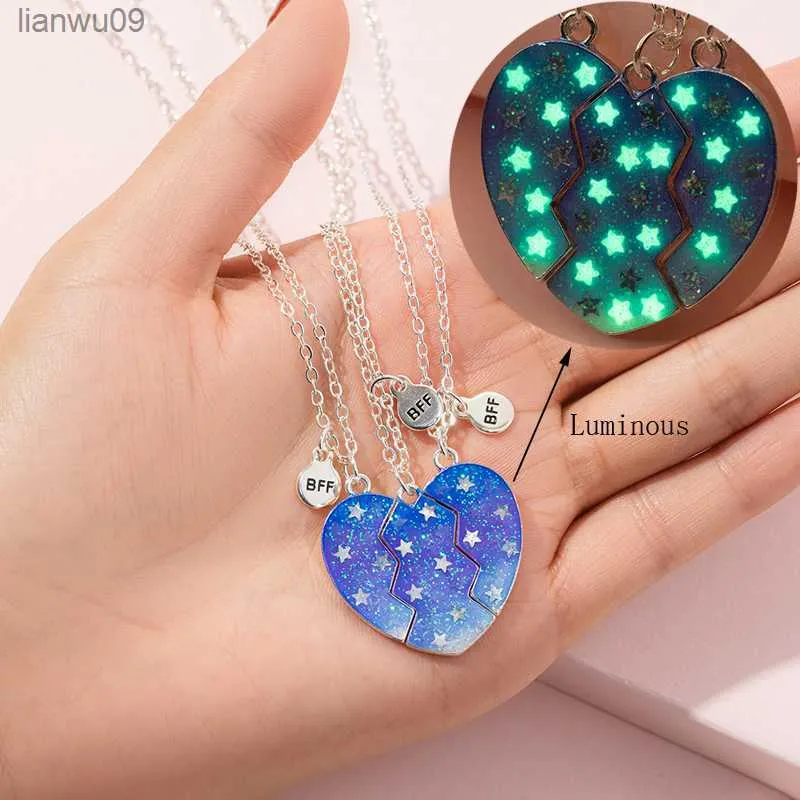 Conjunto de 3 peças Luminous Forever Best Friends Amizade Coração Quebra-cabeça Colar com Pingente de Ímã Correspondente para Mulheres Meninas Crianças L230704