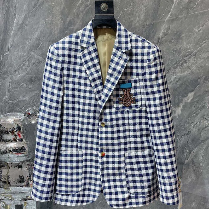 高級ブランドジャケット男性のブレザーデザイナージャケットチェック柄パイナップル刺繍男性スリムフィットジャケットカジュアルスーツコート