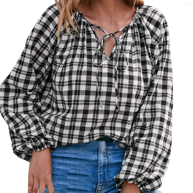 Women's Blouses Women Casual 2023 Blouse Plaid Print Lace Up Long Sleeve Tops Oversize T Shirt Loose Ladies Spring Autumn T-shirts Blusas