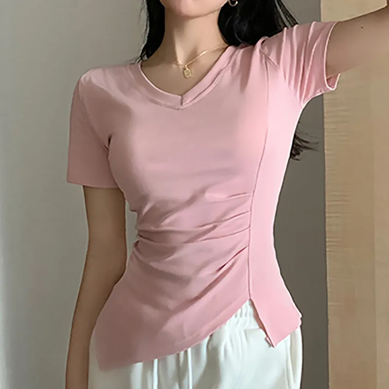Women's TShirt VNeck basic T Shirt for Women Cotton Short Sleeve Folds Tshirts Summer Korean Woman Clothes Tee Femme Slim Crop Top Mujer 230712
