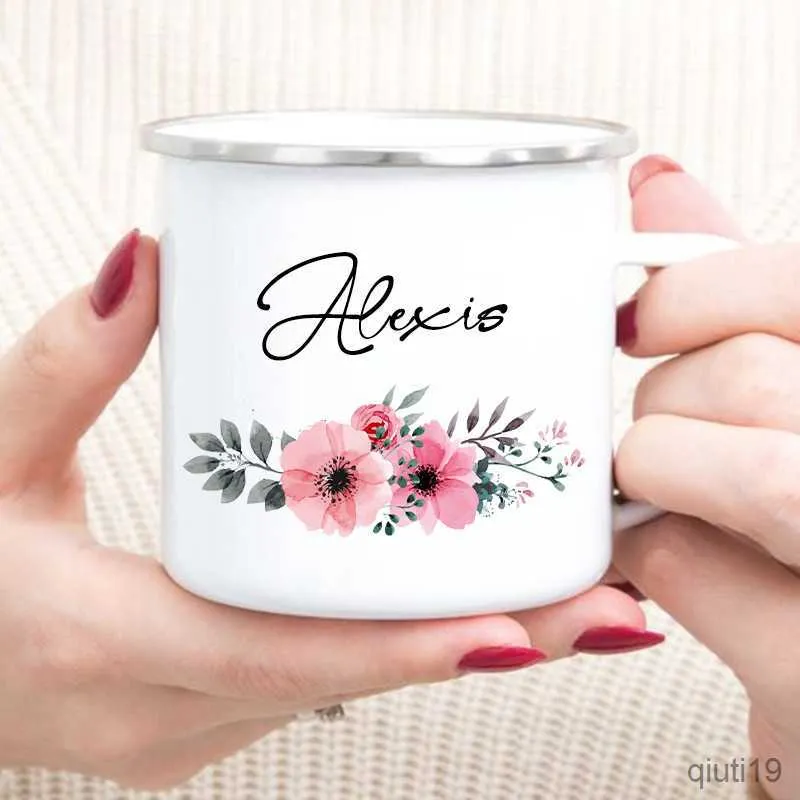 Mugs Personalized Flower Custom Name Enamel Mugs Summer Outdoor Coffee Juice Mug Picnic Camping Handle Cup Teacher Mother Friend Gift R230713