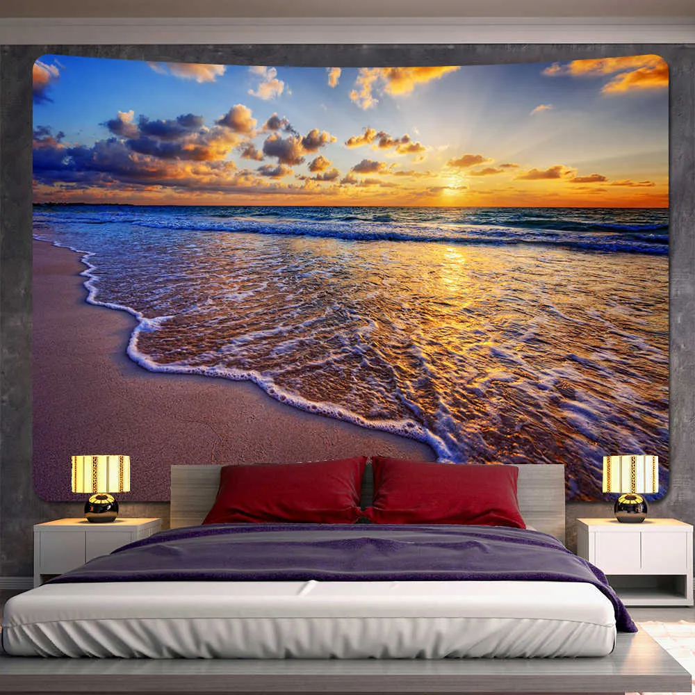 Tapices Decoración del hogar del amanecer junto al mar, tapiz artístico hippie, decoración bohemia, tapiz de decoración de pared con escena