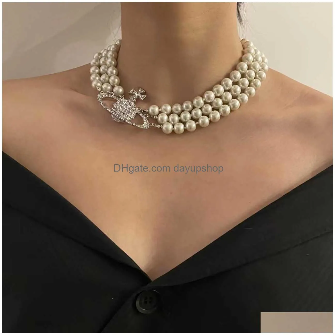 western empress dowager vivian the same fashion three-layer pearl full of diamonds large saturn necklace neckchain choker tide