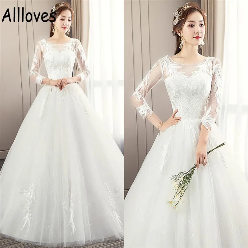 Modest Chinese Wedding Gowns With Long Sleeves Scoop Neck Lace Appliqued Bridal Dress Floor Length Puffy Skirt Princess Vestidos D236x