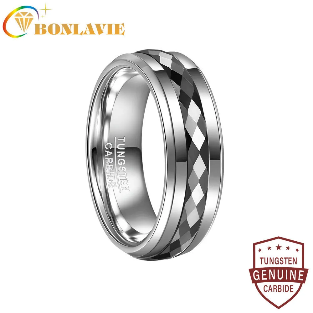 Anillos de boda BONLAVIE 8 mm Negro medio Lote de flores en ambos lados del anillo de carburo de tungsteno de color acero Joyería de boda de moda para hombres 230713