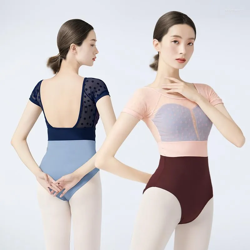 Abbigliamento da palcoscenico DonnaBody da balletto Floccaggio Nylon Body da danza Schiena cava Tuta da ballo Maniche corte Costume da bagno Ginnastica per adulti