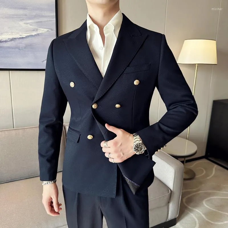 メンズスーツ 2023 (ブレザー パンツ) メタル ファッション ビジネス ダブルブレスト 韓国語版 カジュアル 紳士 結婚式 スーツ 2点セット