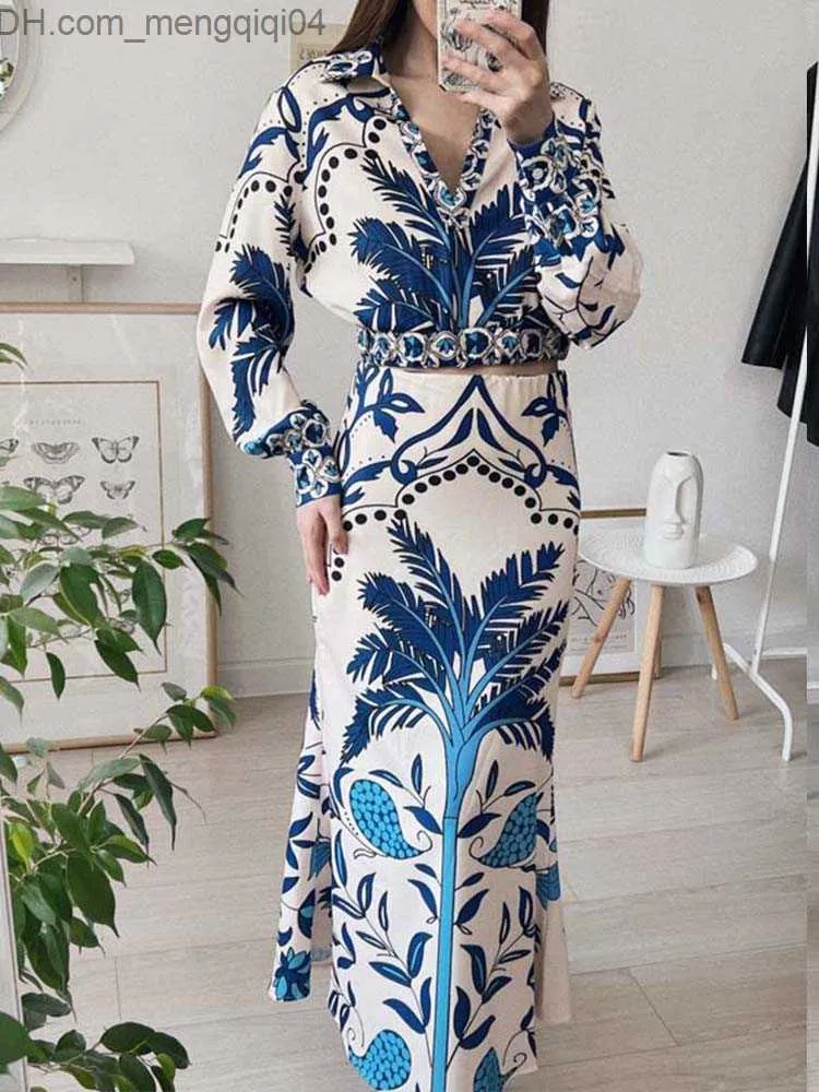 Sexy Long Sleeve Top&Split-Side Skirt Floral Print Vacation Two-Piece Suit