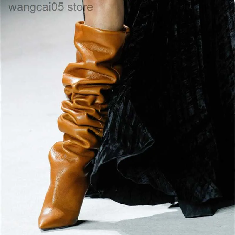 Botas Nueva moda Botas plisadas sobre la rodilla para mujer Punta estrecha Botas altas hasta el muslo Tacones altos Zapatos de invierno Mujer Botas Mujer T230713