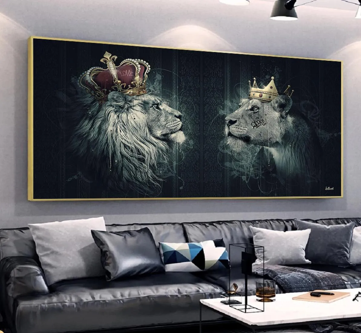 African Animal Lion With Crown Abstract Canvas Painting Art Poster And