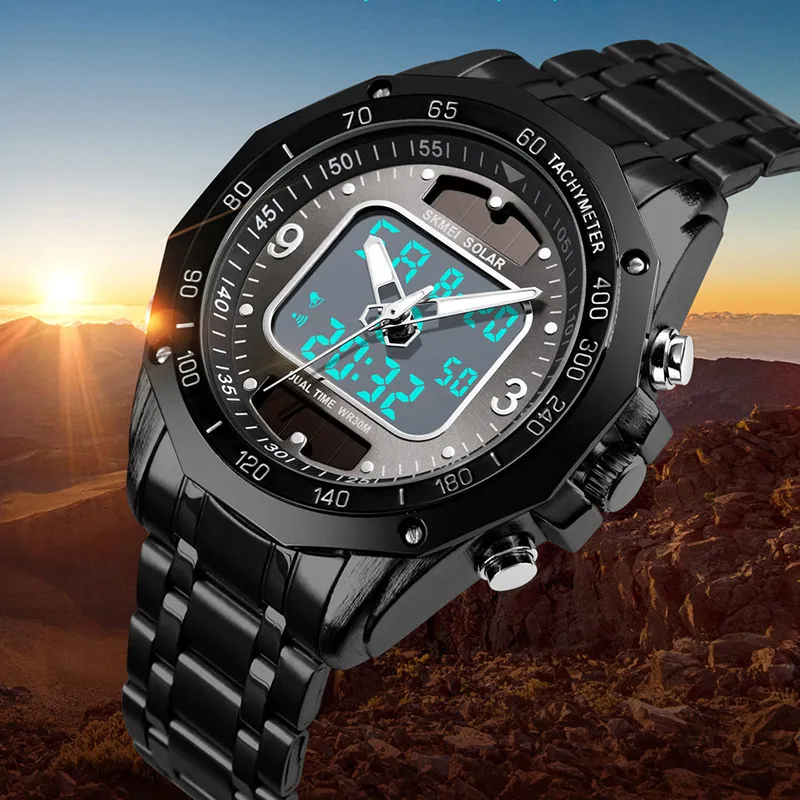 Montres pour hommes sport solaire montre à Quartz numérique hommes horloge entièrement en acier étanche LED montre-bracelet relogio masculino 2019 SKMEI